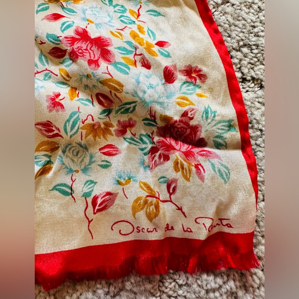 Vintage Oscar de la Renta silk scarf, cream with red and floral accents. 50x10"
